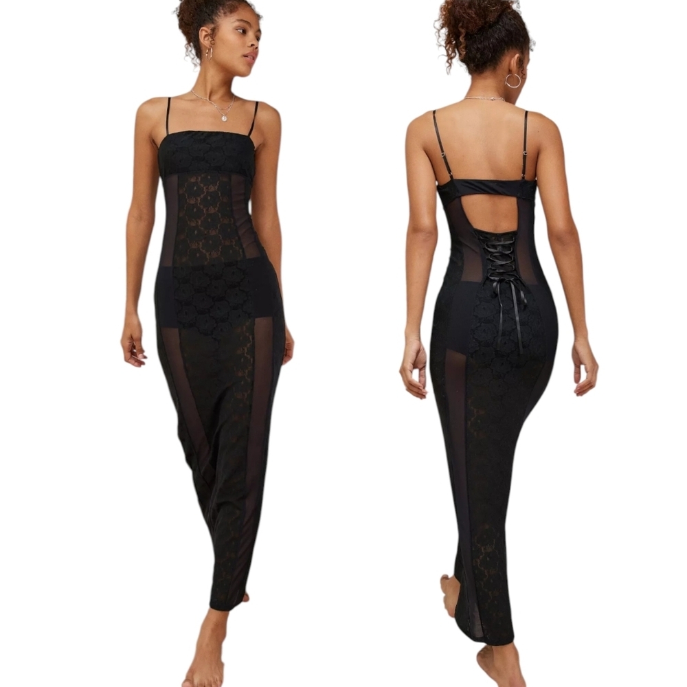 Out From Under Sheer Lace Corset Maxi Dress Black Size M
